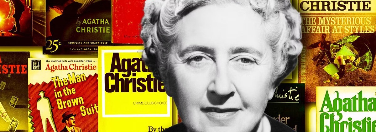 176. a black and white image of agatha christie overtop a background of her novels 1200x423 - ۱۰ رمان برتر آگاتا کریستی